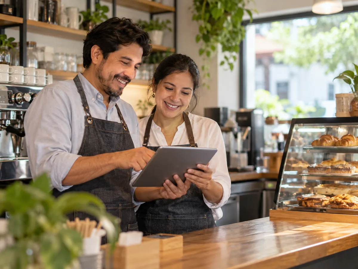 Dueños de una cafetería revisando los pedidos de su web