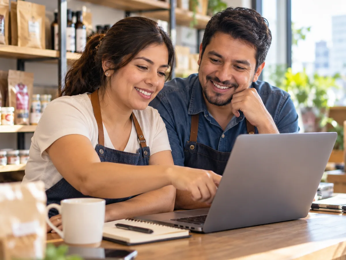Dueños de un negocio revisando su nueva página web