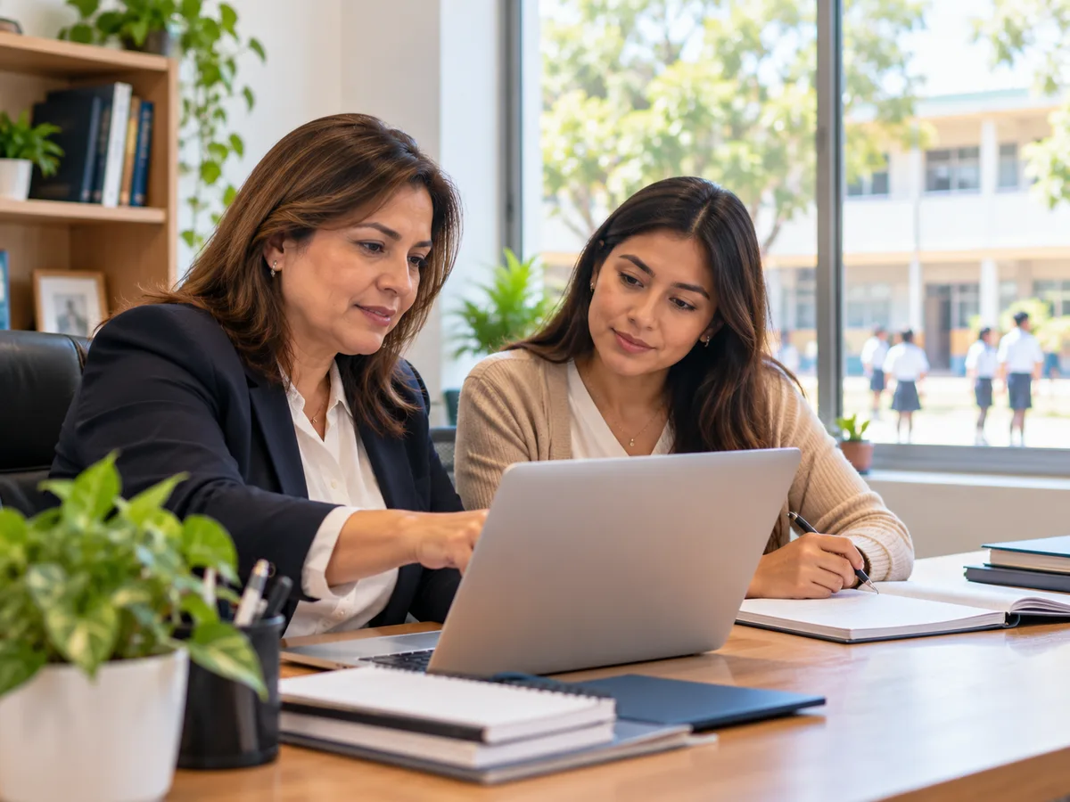 Directora y profesora revisando la web del colegio