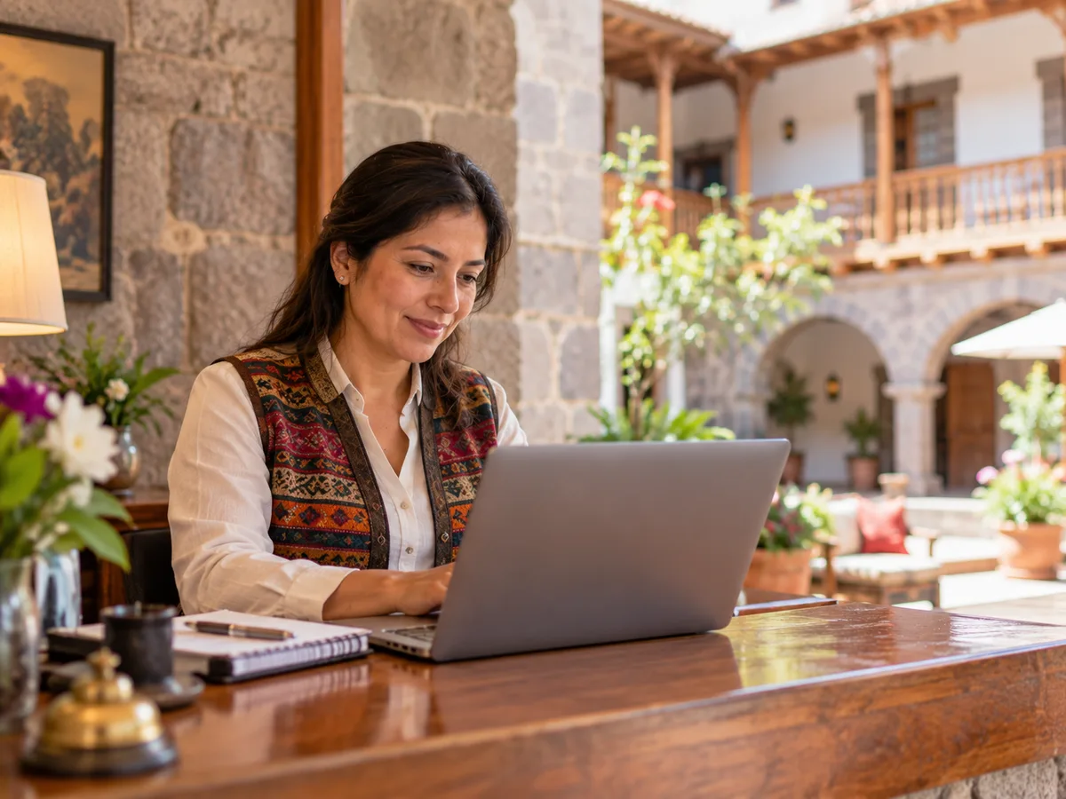 Dueña de un hotel en Cusco revisando sus reservas