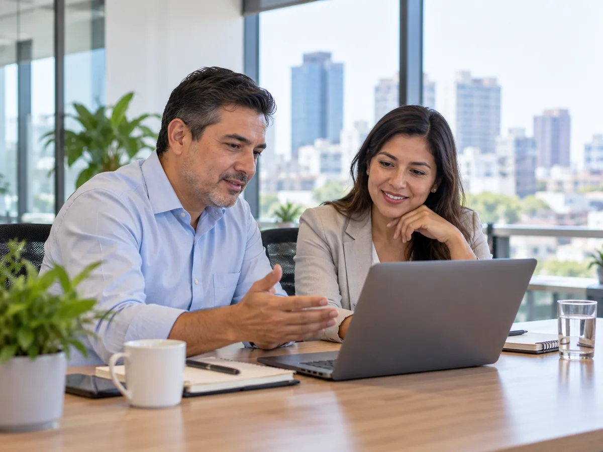 Gerente y colaboradora revisando la web de su empresa