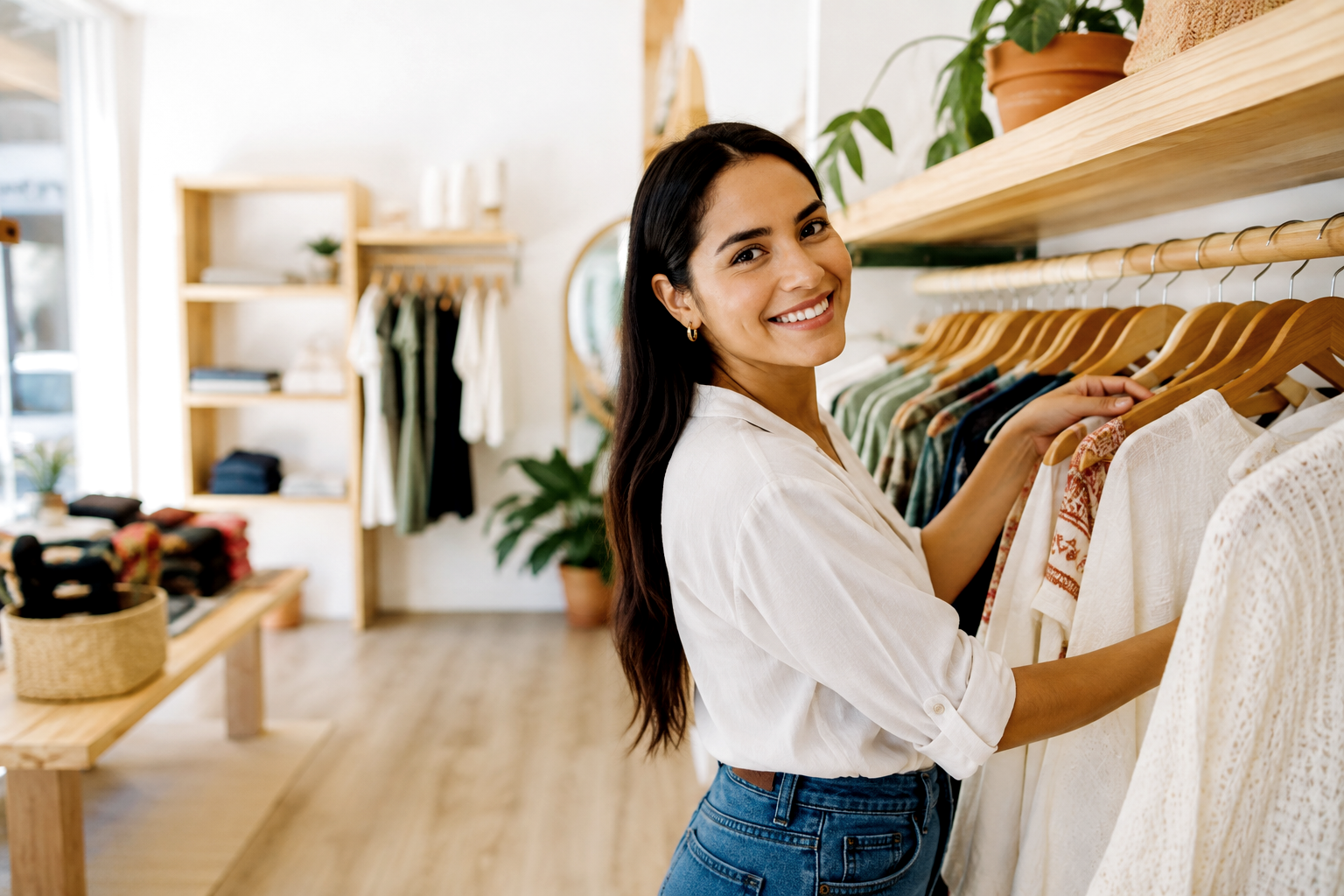 Dueña de una boutique de ropa peruana en su tienda