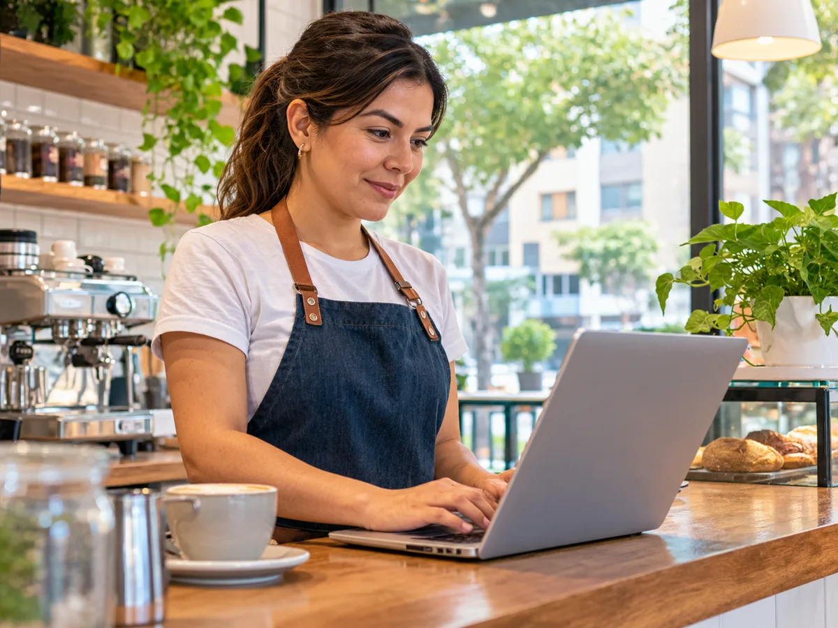 Dueña de una cafetería en Lima revisando su web