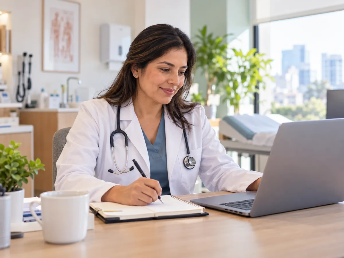 Médica en su consultorio