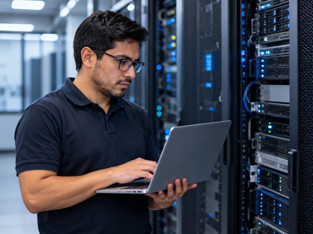 Técnico revisando el estado de los servidores