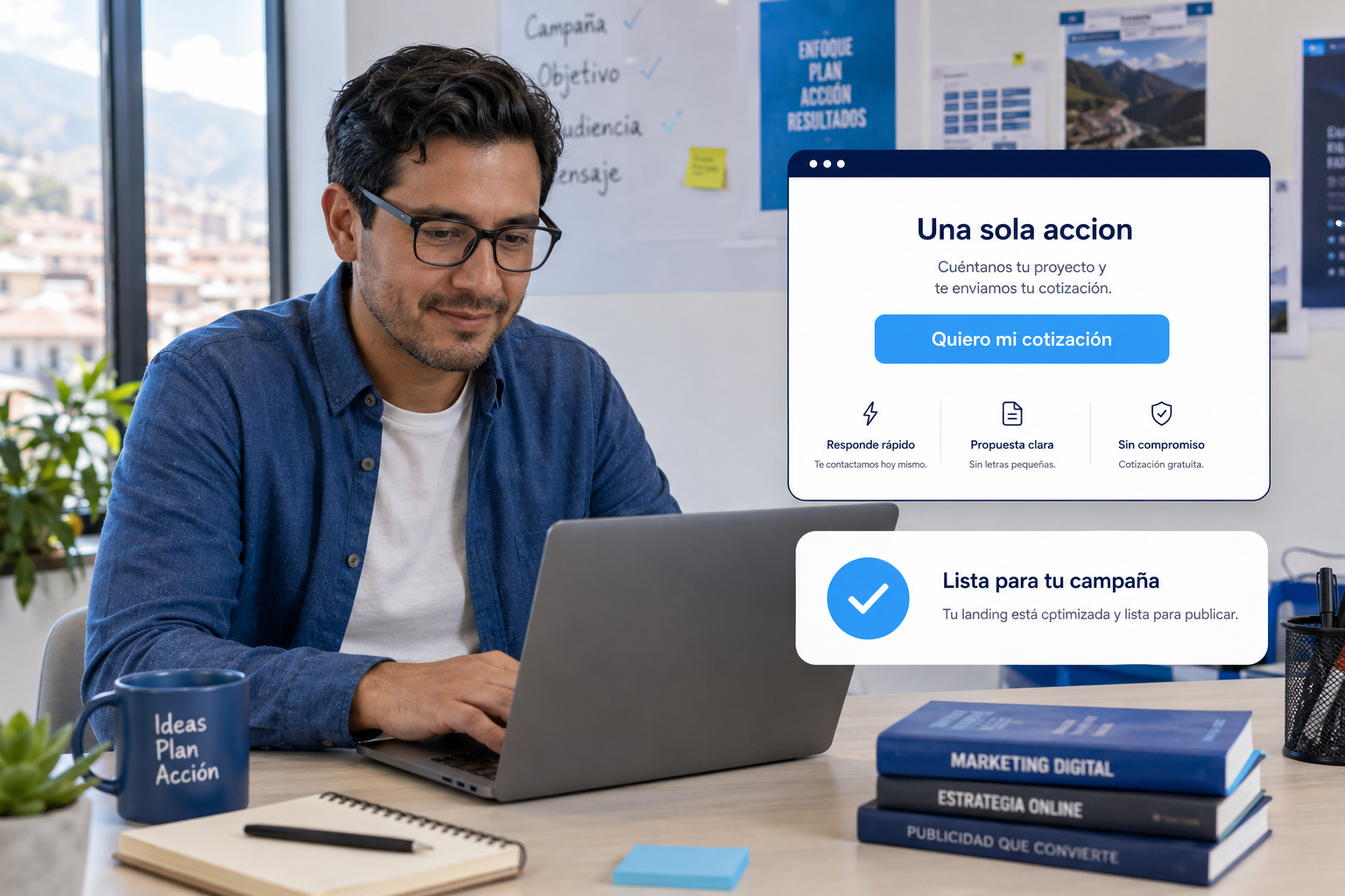 Emprendedor peruano con su landing page de campaña lista