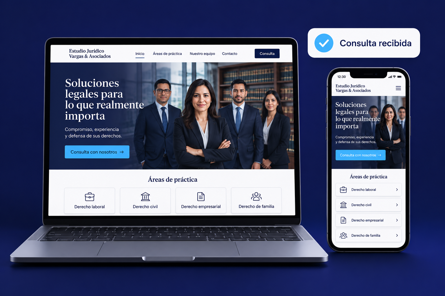 Página web de estudio jurídico peruano en laptop y celular