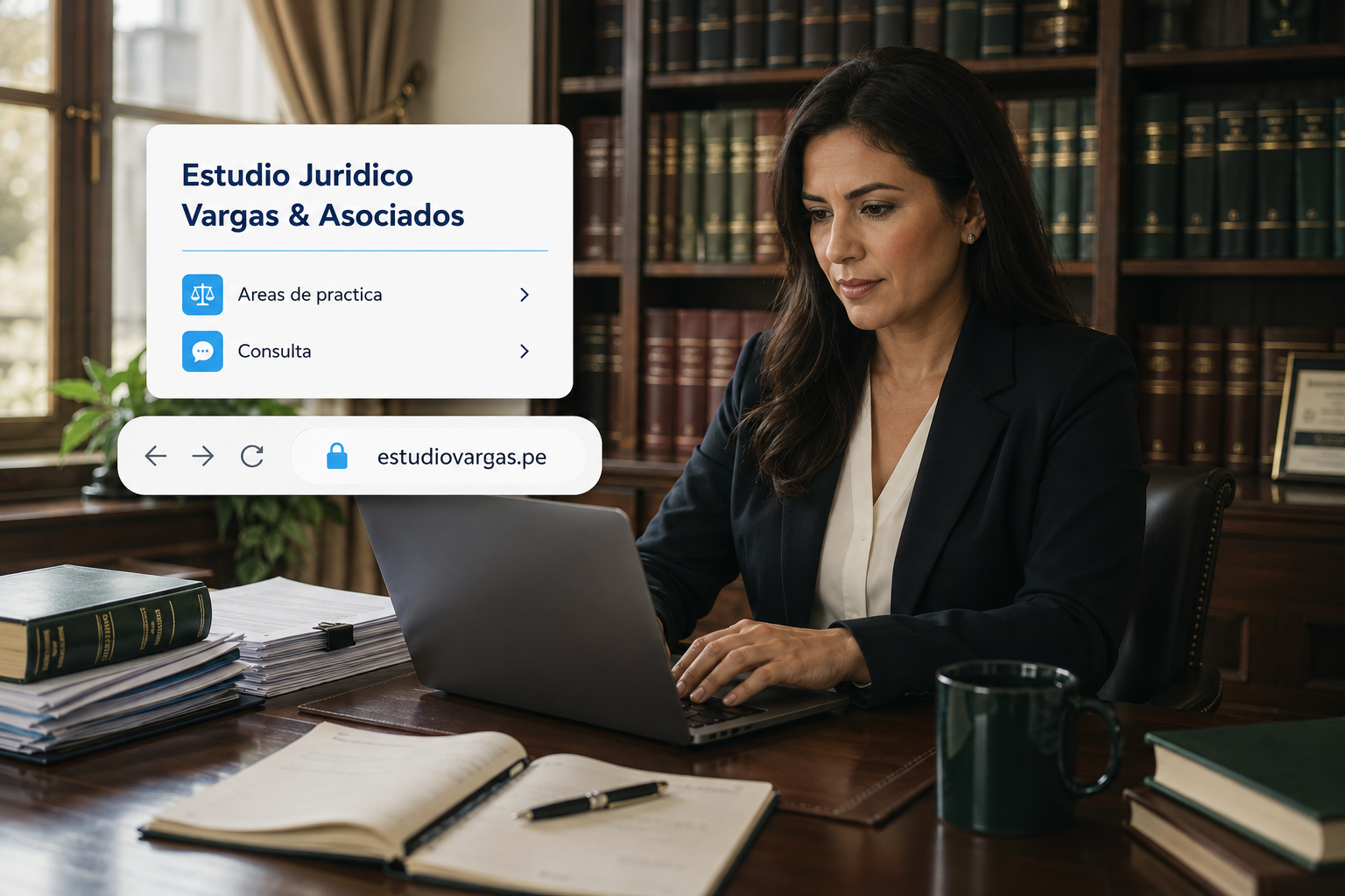 Abogada peruana en su estudio jurídico con su página web