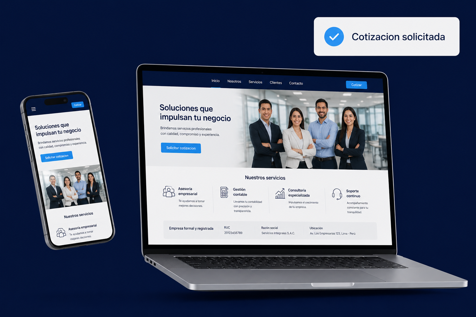 Web corporativa peruana en laptop y celular con cotización solicitada