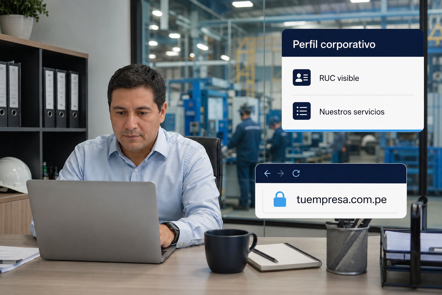 Gerente de pyme peruana con la web corporativa de su empresa