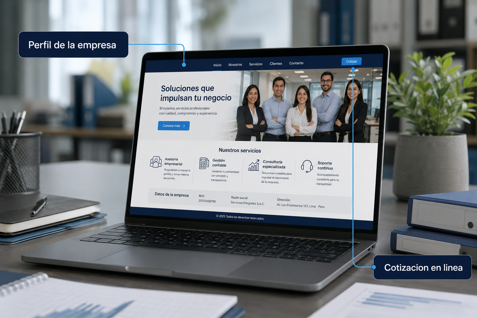 Página web corporativa con perfil de empresa y cotización