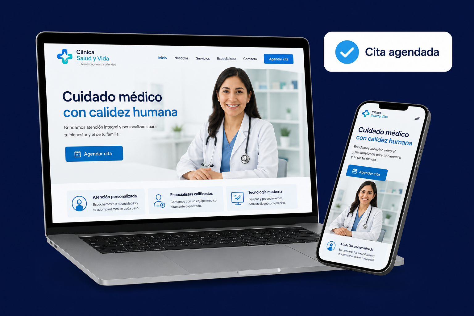 Página web de clínica peruana con cita agendada en laptop y celular