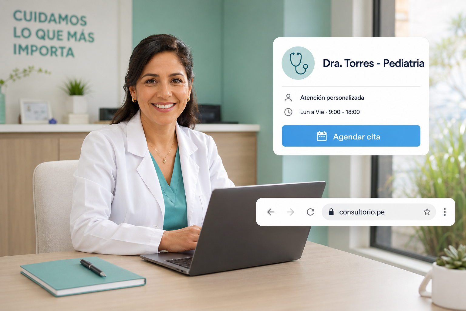 Doctora peruana en su consultorio con su página web de citas