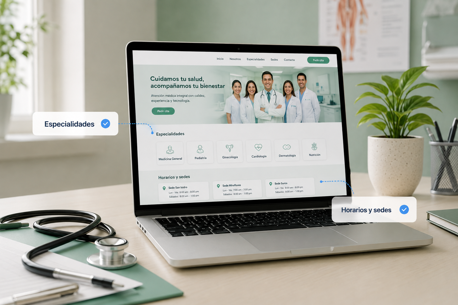 Página web de clínica con especialidades, horarios y sedes
