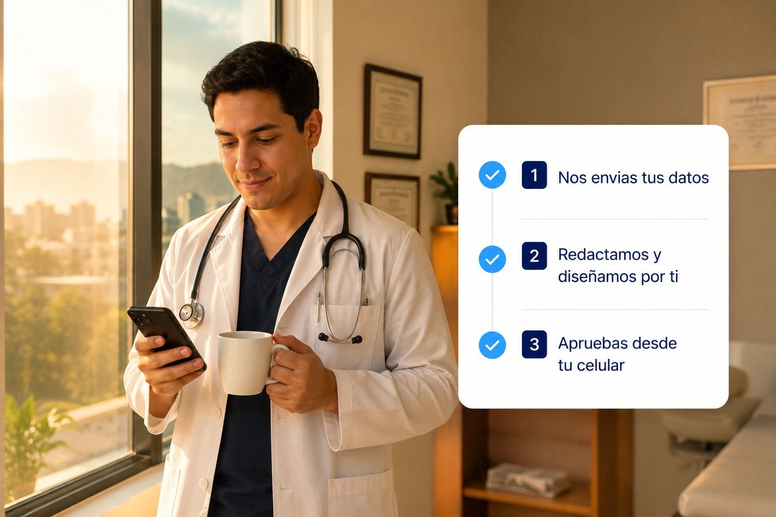 Médico aprobando su página web desde el celular entre consultas