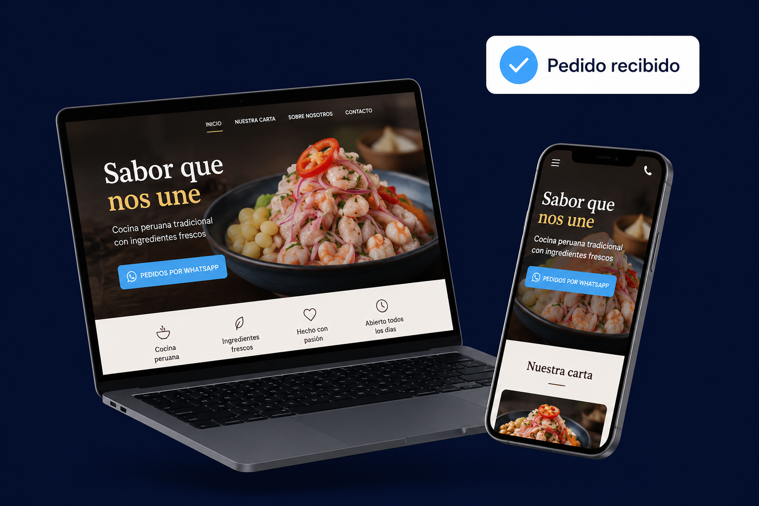 Página web de restaurante en laptop y celular con pedido recibido