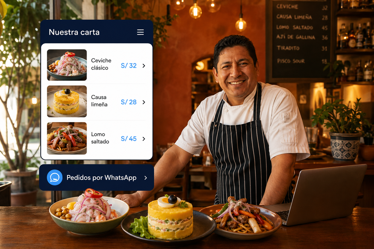 Chef peruano con su carta digital y pedidos por WhatsApp