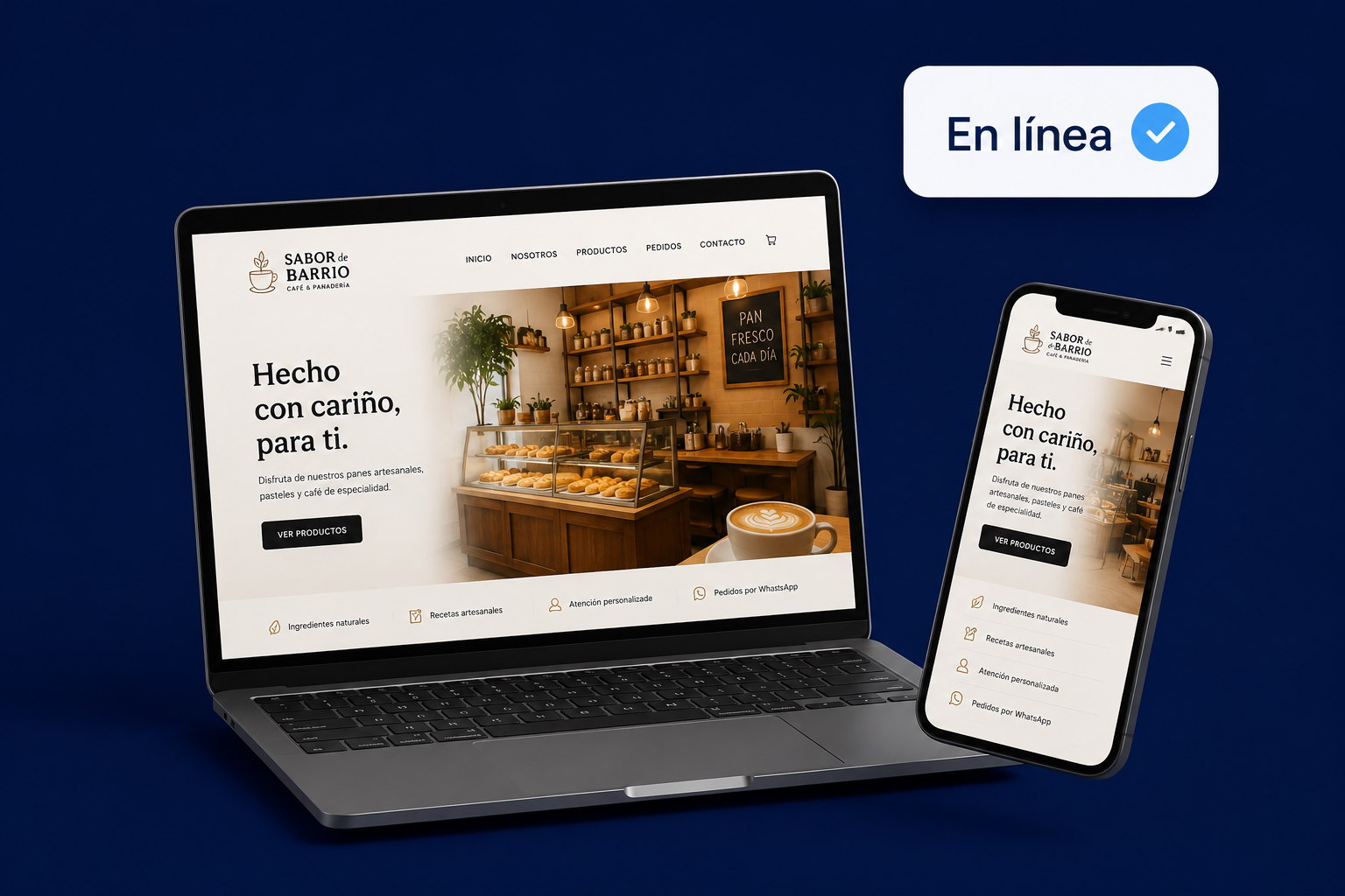 Página web de un negocio limeño en línea en laptop y celular