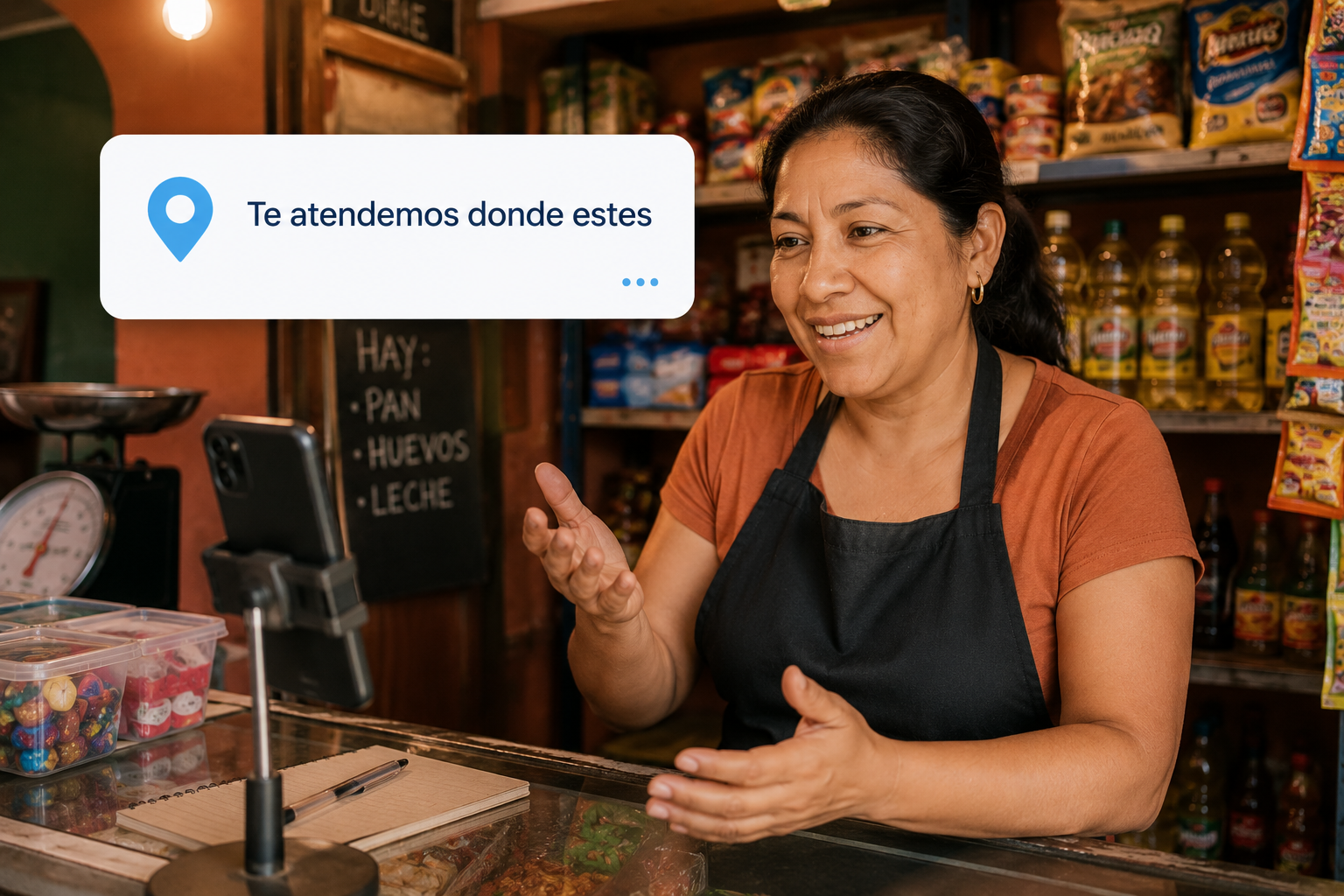 Emprendedora de Lima atendida por WhatsApp en su bodega