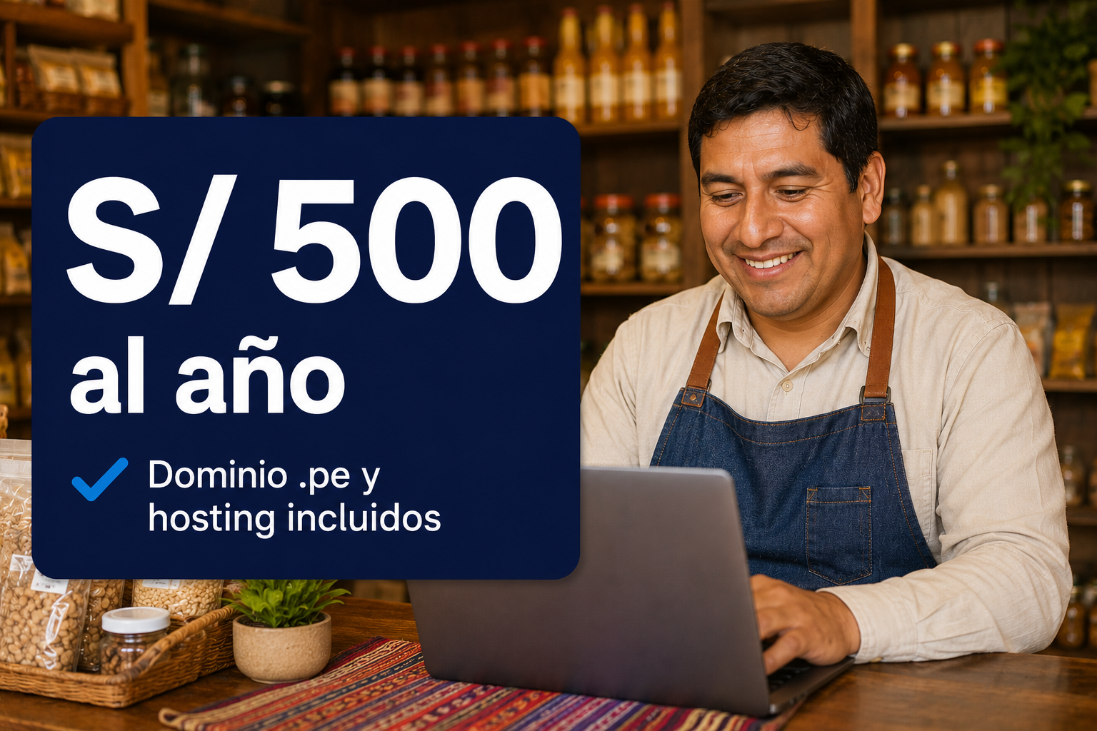 Dueño de negocio revisando su web de S/ 500 al año