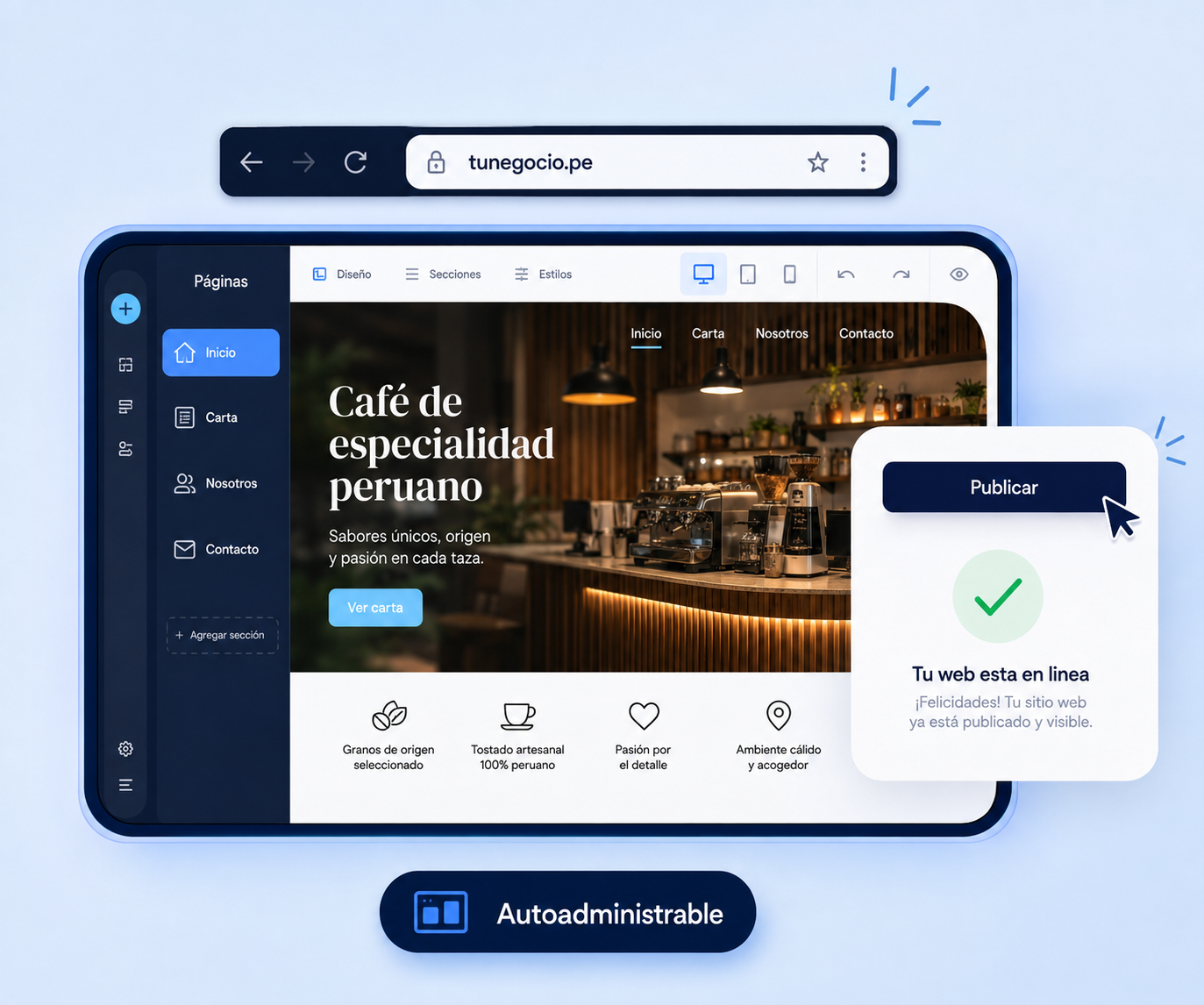 Editor de página web autoadministrable con dominio propio .pe y publicación en un clic