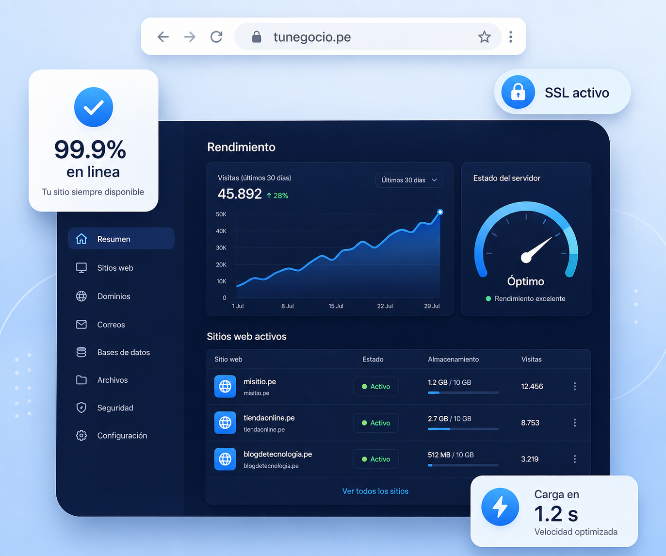 Panel de hosting con rendimiento, SSL activo y 99.9% en línea