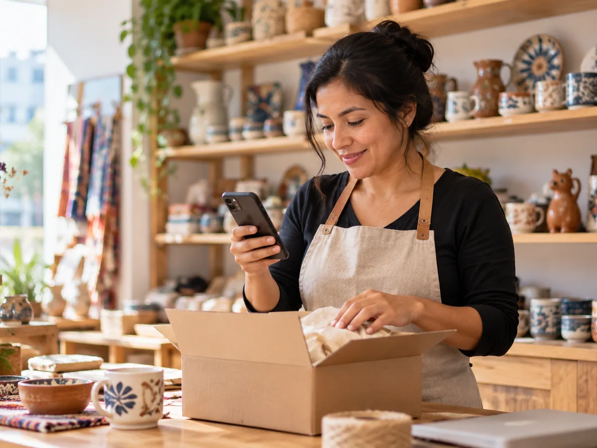 Dueña de una tienda preparando un pedido recibido desde su tienda online