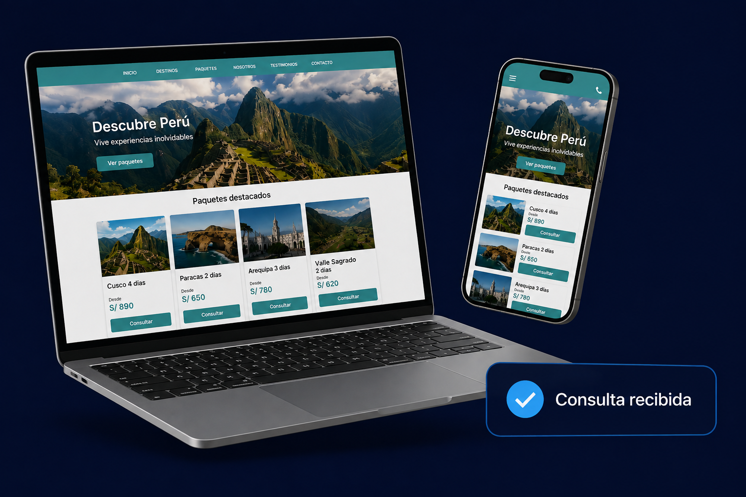Web de agencia de viajes peruana en laptop y celular