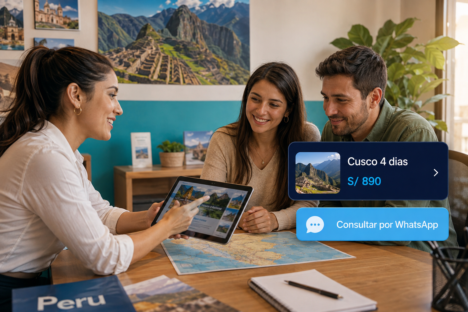 Asesora de agencia de viajes mostrando paquetes a sus clientes