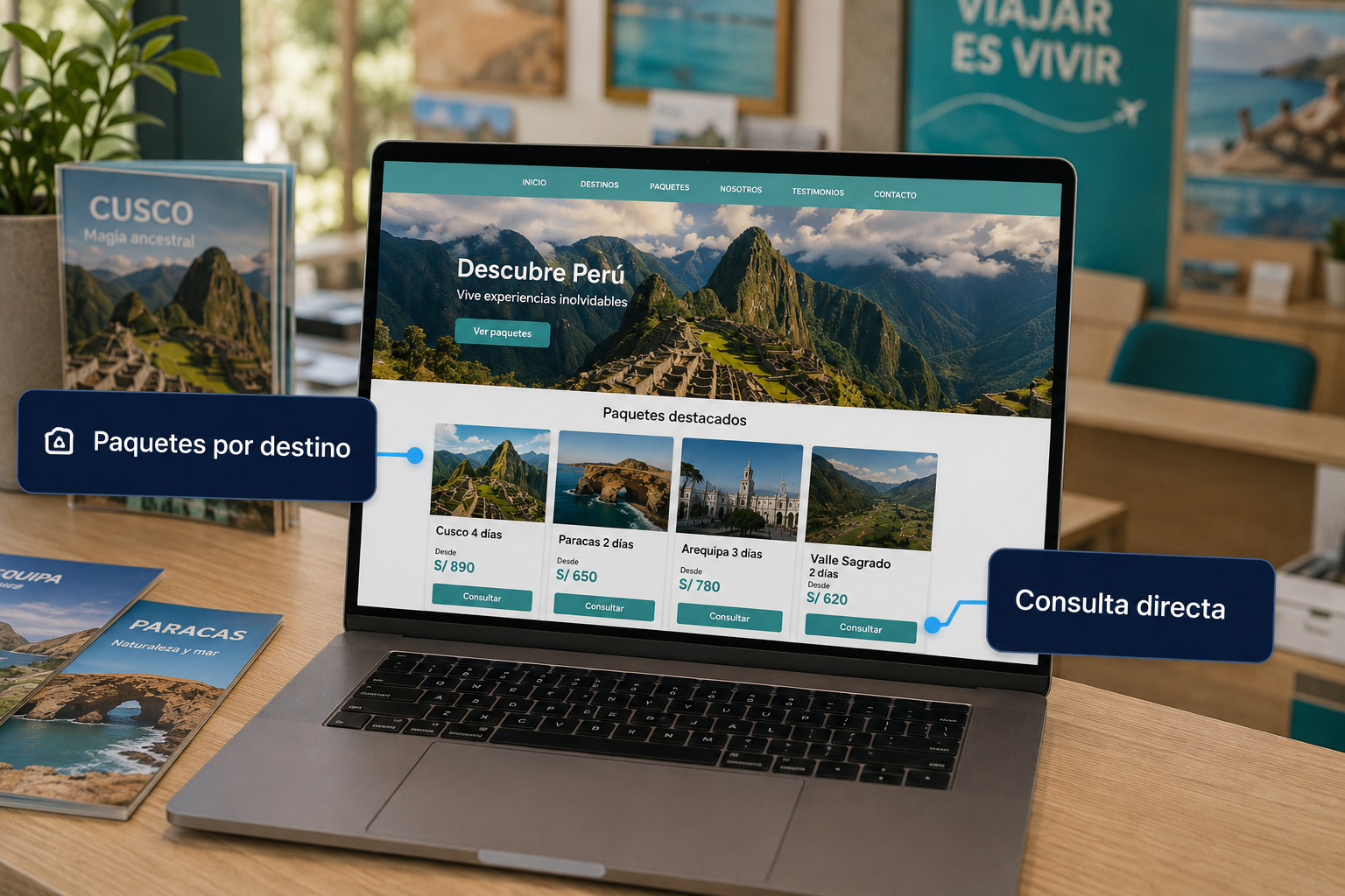 Página web de agencia de viajes con paquetes por destino