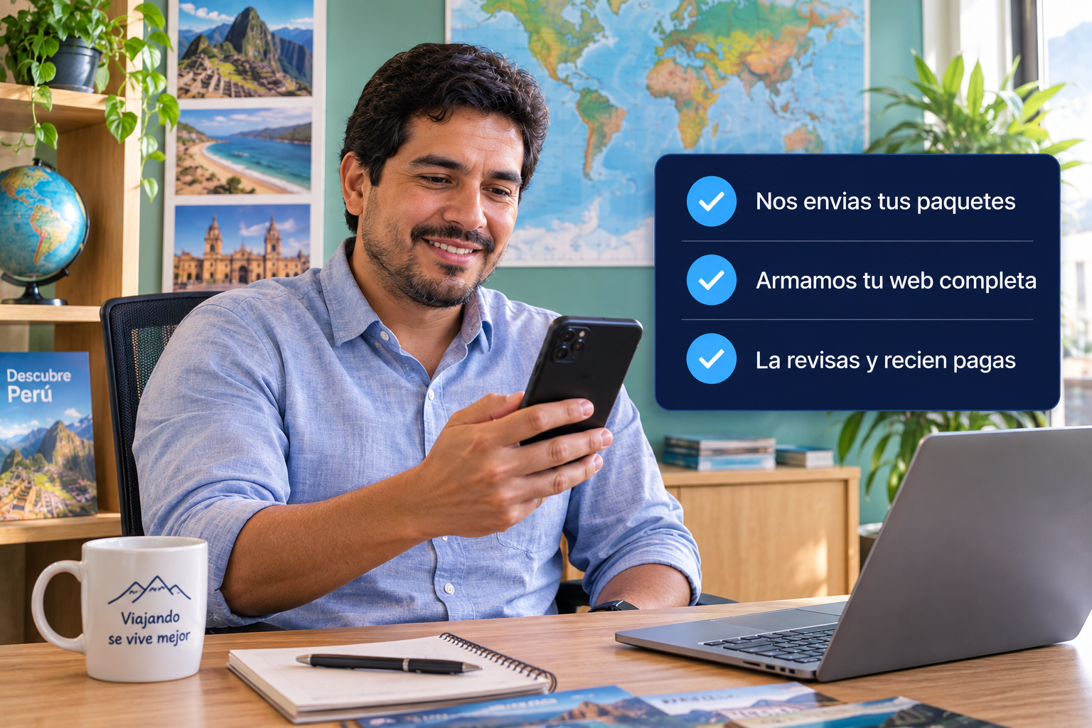 Dueño de agencia revisando la versión móvil de su web